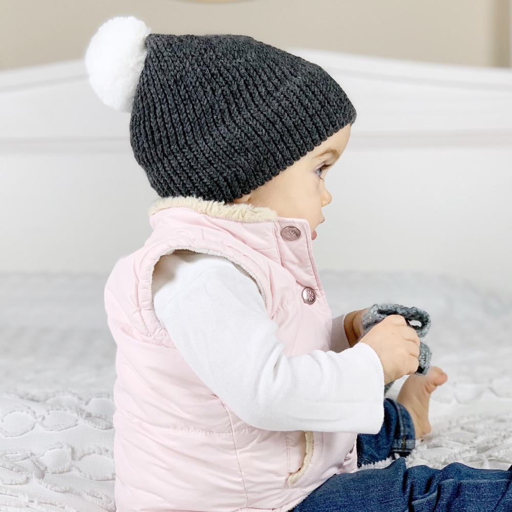 2 Knitted Hats Matching Mommy & Baby Beanie Pom-Pom Soft Merino Wool Minimalist